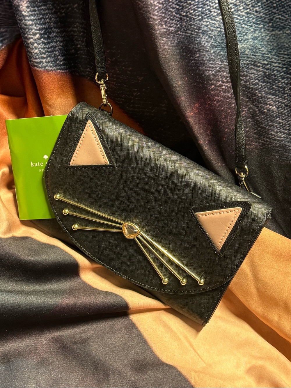 (new+card) Kate Spade Black Crossbody / Clutch Pink Ear Accents & Gold Whisker - Picture 9 of 9
